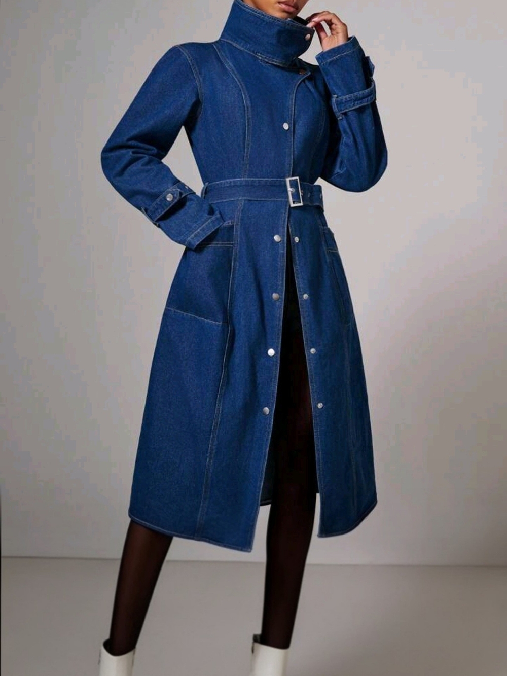 Denim Belted Trench Coat W/ Stand Collar